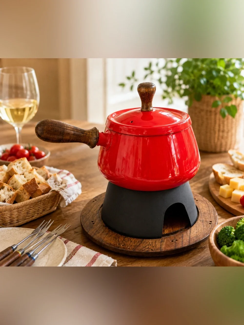 Vintage Japan Red Enamel Fondue Pot Serv Wood Hardwood Base MCM